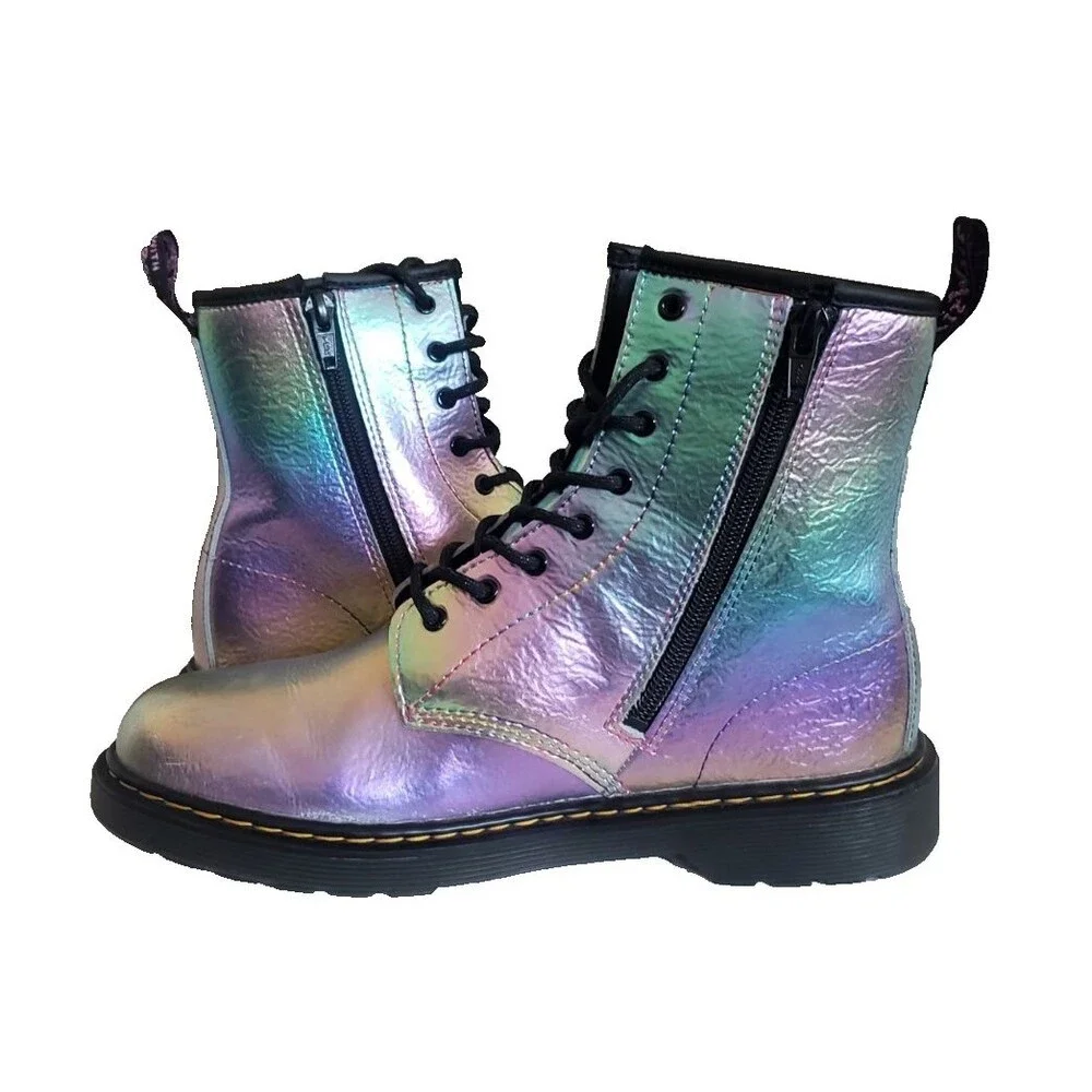 Doc Martens 1460 J Combat Ankle Boots Size 7 Laces Silver Reflective Holo Biker